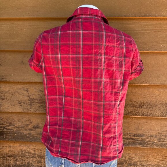St. Johns Bay Red Plaid Short Sleeve Button-Up Womens Shirt Size L Cotton Casual - Picture 3 of 8